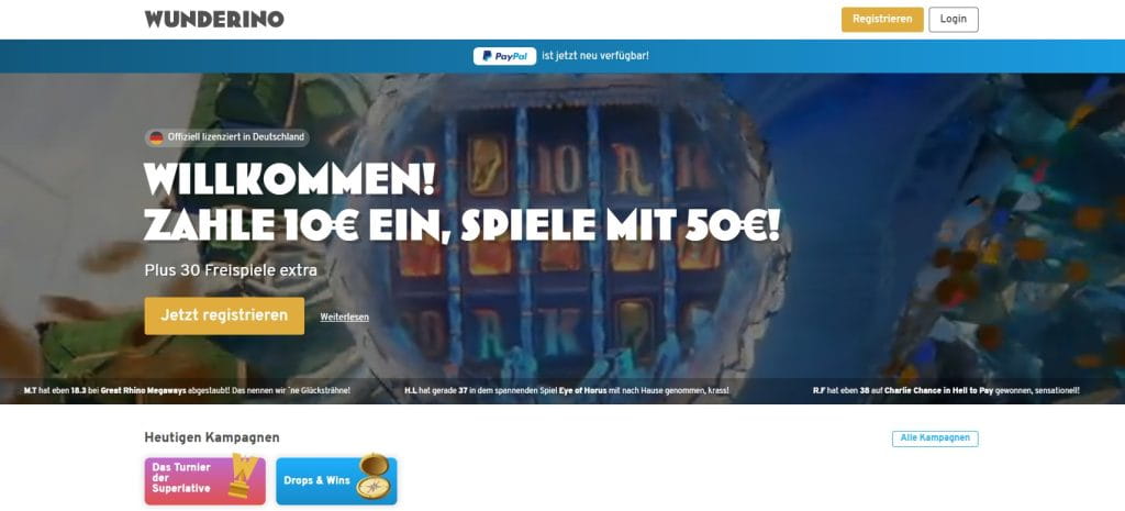 Wunderino Casino Webseite